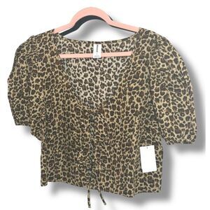 NWT Abound Tie Front Cotton Poplin Crop Top - Size L - Leopard Print